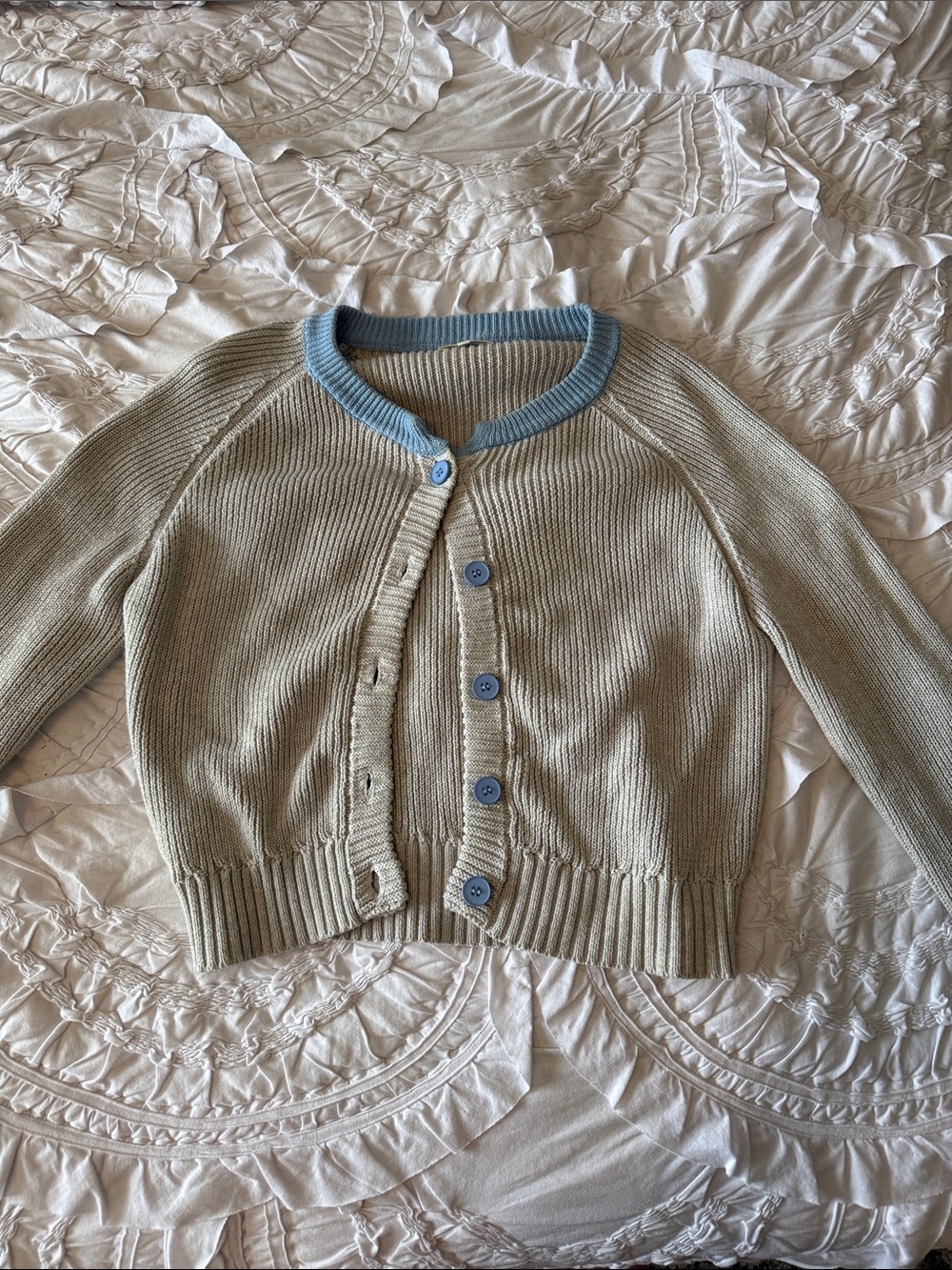 Cream Knit Women's Cardigan with Blue Trim
